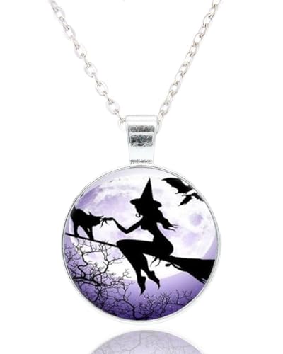 ZEXIJOW Halloween Hexe Mondstein Anhänger Sterling Silber Halskette,45cm lange Silberkette Anhänger Halskette,Anhänger Halskette für Männer und Frauen,Amulett von ZEXIJOW