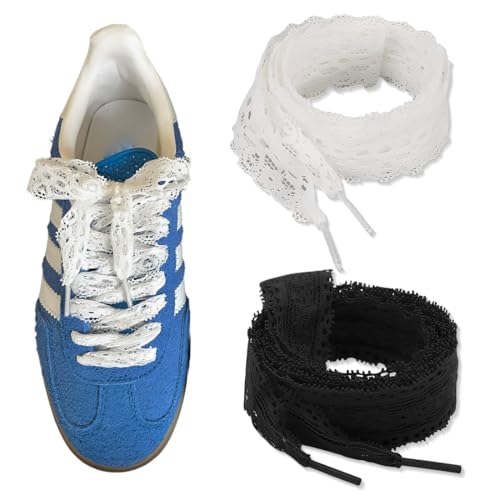 2 Paare Flach Sneaker Schnürsenkel, Damen Flache hohle Blumenspitze SchnürsenkelSpitzen-Schnürsenkel, Ballett-Stil, Spitze, elastische Spitze, Schnürsenkel für süße Mädchen, 120CM (Schwarz+Weiß) von ZEXOWIJ