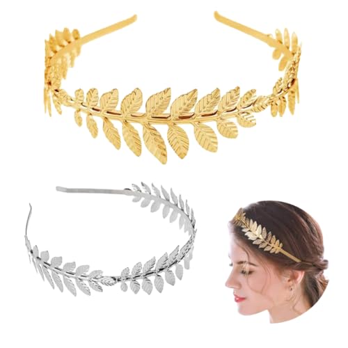 2 Stück Damen Haarband Gold Kopfschmuck Braut, haarschmuck, Römische Göttin Haarreif, Mädchen Lorbeerkranz Haarschmuck Goldene Hochzeit Boho Blatt Haar Krone Accessories(Gold und Silber) von ZEXOWIJ