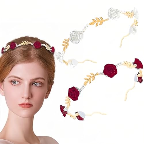 2er Pack Dirndl Haarschmuck, Haarreif aus roten Rosen und weißen Rosen Perlen, Braut Stirnband, Hellgold Hochzeit Haarband Kunstperle Strass Haarkrone Kristallperle Braut Tiara Haarbänder von ZEXOWIJ