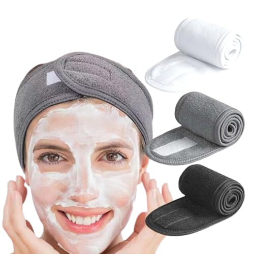 3 Stück Haarband Kosmetik Stirnband Make-up Dusche Bad Wrap Sport Stirnband Frottee Verstellbares Stretch Handtuch mit Magic Tape(schwarz, weiß und grau) von ZEXOWIJ
