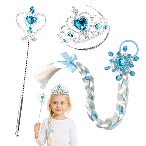 ELSA Set of 3, Prinzessin Kostüme Eisprinzessin, Mädchen Perücken Haarteil, Haarreif Zopf, ELSA Prinzessin Verkleiden,Eiskönigin Krone und Zauberstab ELSA Dress Up Zubehör Set für Cosplay von ZEXOWIJ