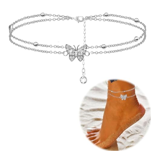 Fußkettchen für Frauen, silber 925, Schmetterling Layered Fußkette, Zierlich Geschichtet Wasserdicht Fußkettchen für Frauen einstellbar, verstellbare 22+4cm von ZEXOWIJ
