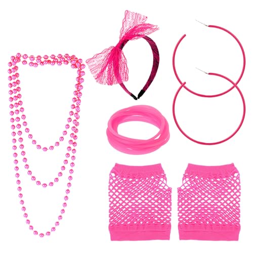 ZEYIYER 80er Jahre Accessoires Damen, 80er Jahre Outfit Damen Mottoparty, Blumenstirnband Perlenkette Ring Spaltring Handschuhe Transparente Ohrstöpsel für Karneval Fasching von ZEYIYER