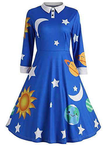 ZEZCLO Damen Solarsystem Pan Collar Kostüm Kleid 1950er Jahre ausgestellte Retro Kleider - Blau - Mittel von ZEZCLO