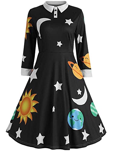 ZEZCLO Damen Sonnensystem Peter Pan Kragen Kostüm Kleid 1950er Ausgestellte Retro Kleider - Schwarz - X-Groß von ZEZCLO