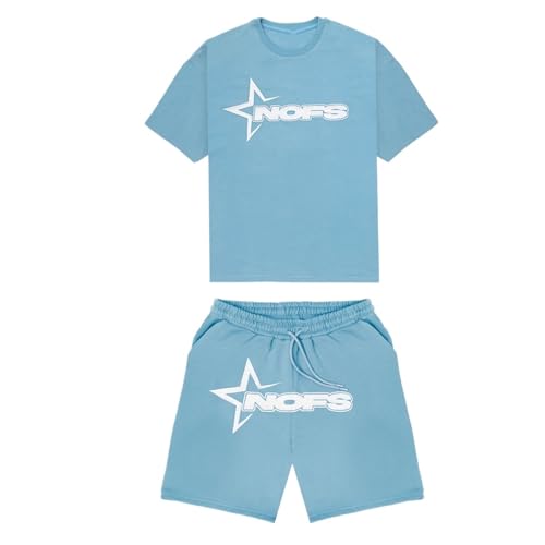 ZEZEZ NOFS Herren Sommer Jogging Trainingsanzug T-Shirt und Shorts mit NOFS Gedruckt Logo, Leichte Kurz Sommer Sportanzug(Blau,S) von ZEZEZ