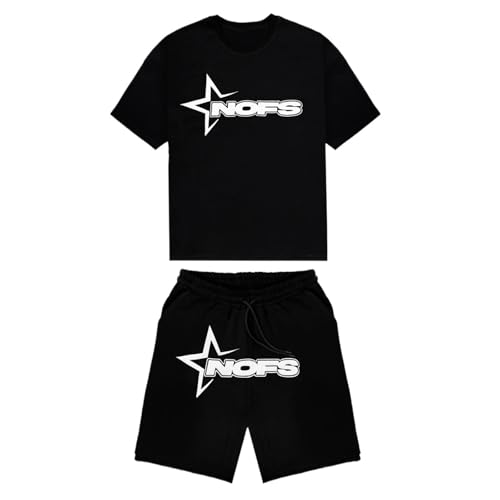 ZEZEZ NOFS Herren Sommer Jogging Trainingsanzug T-Shirt und Shorts mit NOFS aufgedruckt Logo, Leichte Kurz Sommer Sportanzug(Black,L) von ZEZEZ