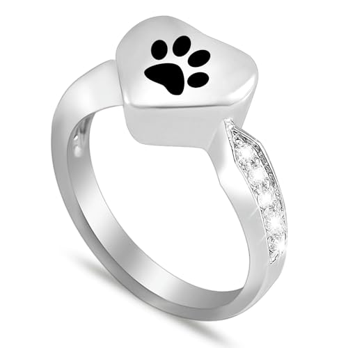 ZEZILE Einäscherung Ring für Asche Graviert Pfote Abdruck Herz Urne Finger Ring Kristall Verzierung Edelstahl Memorial Schmuck Geschenk von ZEZILE