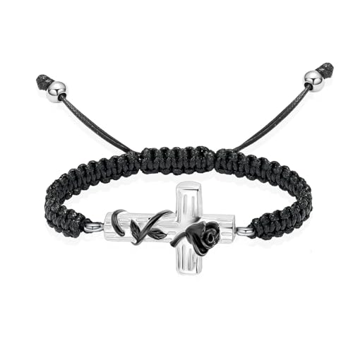 ZEZILE Kreuz Urne Armband für Asche Rose Blume Einäscherung Andenken Schmuck Verstellbar Geflochtenes Armband Armreif Geschenk für Frauen Männer von ZEZILE