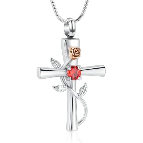 ZEZILE Kreuz Urne Halskette für Asche Geburtsstein Rose Blume Memorial Anhänger Einäscherung Schmuck für Frauen Andenken Geschenk von ZEZILE