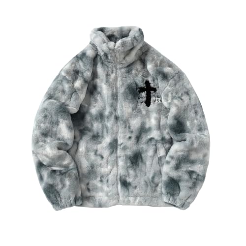 ZF YLYH Herren Fleecejacke Damen Winter Warme Gefüttert Jacke Verdickte Y2K Casual Übergangsjacke Cardigan Winterjacke Vintage Druck Parka Mantel Baumwolljacke(Blue,XL) von ZF YLYH