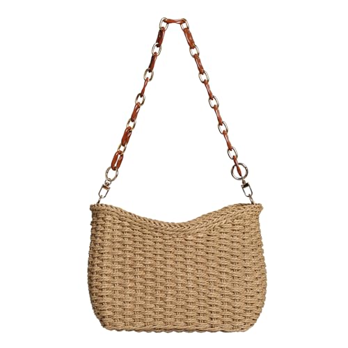 ZFBAOJT Strohtasche für Damen, Strand, gewebte Tragetasche, große Kapazität, Schultertasche für Sommerurlaub, Braun mit Kette, Einheitsgröße von ZFBAOJT