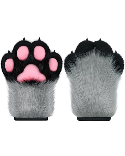 ZFKJERS Cosplay Tier Verlängerte Flauschige Kunststoffkrallen für Katzen Fursuit Pfoten Handschuhe Erwachsene Kostüm Zubehör Set (Grey) von ZFKJERS