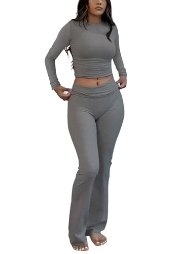 ZFLM Lässiges Workout, zweiteilige Outfits, lange Ärmel, hohe Taille, umklappbar, ausgestellte Leggings, Hose, Trainingsanzug-Set, Streetwear, grau dunkel, Small von ZFLM