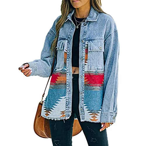 Yokbeer Damen Aztec Print Jacke Vintage Boho Ethnic Button-Down-Jackenmantel (Color : A-Orange, Size : S) von Yokbeer