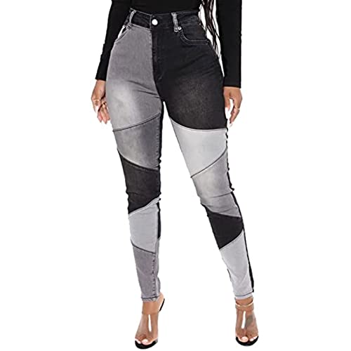 Yokbeer Dehnbare Patchwork-Jeans für Damen, Trendige, Elastische Taille, Zweifarbige Jeans, 90er-Jahre-Streetwear-Denim-Hose (Color : Black, Size : M) von Yokbeer