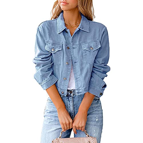 Yokbeer Kurz Geschnittene Jeansjacke für Damen, Lange Ärmel, Klassische Stretch-Jeansjacken, Boyfriend-Jeansjacken mit Taschen (Color : Light blue, Size : M) von Yokbeer