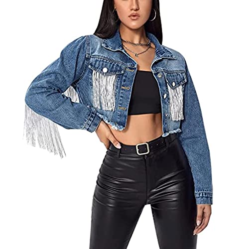 Yokbeer Weiße Fransen-Jeansjacke für Damen Cropped Y2k Stilvolle Quasten-Fransen-Jeans-Fransenjacke für Damen (Color : Blue, Size : S) von Yokbeer