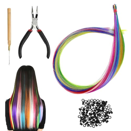 50 Stück Bunte Haarverlängerungs Set, Bunte Haarsträhnen Kinder, Haarsträhnen Zum Einklipsen, Haarschmuck Mädchen, Haarteil Zange Häkchen Mit 150 Perlen Ponytail Braids Clip von ZFRITP