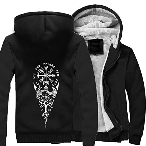 Herren Plüsch Kapuzenpullover Fleece Pullover Zip Hoodie, Nordic Vegvisir Rune Print Tattoo Sweatshirt Kleidung Wikinger Totem Winter Warme Kapuzenjacke,A,XXL von ZFSBRTL