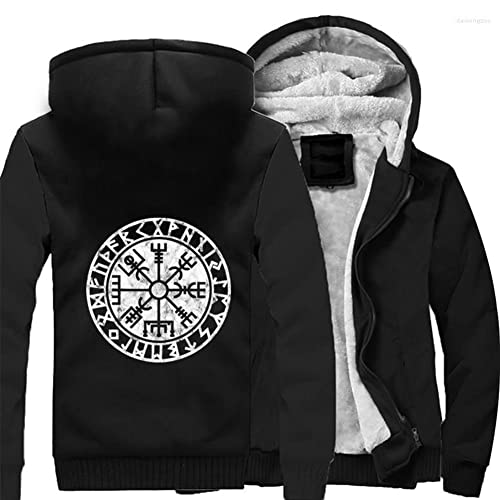 ZFSBRTL Nordic Herren Plüsch Pullover Zip Hoodie, Wikinger Drucken Vegvisir Rune Tattoo Totem Winter Warme Kleidung Streetwear Sweatshirt Kapuzenjacke Kostüm,A,M von ZFSBRTL