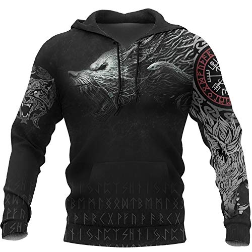 ZFSBRTL Nordische Mythologie Kostüm, Wikinger 3D-Druck Wolf Fenrir Totem Tattoo Hoodie T-Shirt Reißverschluss Unisex Amulett Rune Streetwear,Hoodies,L von ZFSBRTL