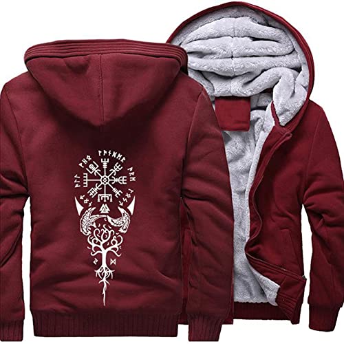 ZFSBRTL Herren Plüsch Kapuzenpullover Fleece Pullover Zip Hoodie, Nordic Vegvisir Rune Print Tattoo Sweatshirt Kleidung Wikinger Totem Winter Warme Kapuzenjacke,E,XXL von ZFSBRTL