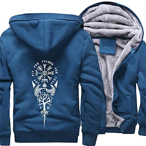 ZFSBRTL Herren Plüsch Kapuzenpullover Fleece Pullover Zip Hoodie, Nordic Vegvisir Rune Print Tattoo Sweatshirt Kleidung Wikinger Totem Winter Warme Kapuzenjacke,F,M von ZFSBRTL