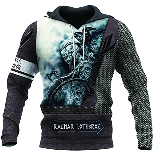 ZFSBRTL Herren Wikinger 3D Gedruckte Streetwear, Nordische Mythologie Odin Raven Warrior Tattoo Sweatshirt/Vintage Hoodie/Reißverschlussjacke/Lässiger Pullover/Cosplay-Geschenke,Hoodie,XL von ZFSBRTL