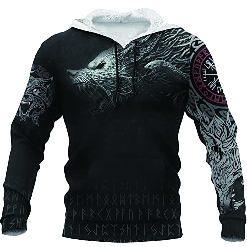 ZFSBRTL Nordic Herren Plüsch Pullover Hoodie, Wikinger 3D Gedruckt Odin Wolf Fenrir Tattoo Totem Reißverschluss Winter Warme Kleidung Streetwear Damen Sweatshirt Kapuzenjacke Kostüm,Hoodie,3XL von ZFSBRTL