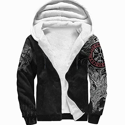 ZFSBRTL Nordic Herren Plüsch Pullover Hoodie, Wikinger 3D Gedruckt Odin Wolf Fenrir Tattoo Totem Reißverschluss Winter Warme Kleidung Streetwear Damen Sweatshirt Kapuzenjacke Kostüm,Zipper,3XL von ZFSBRTL