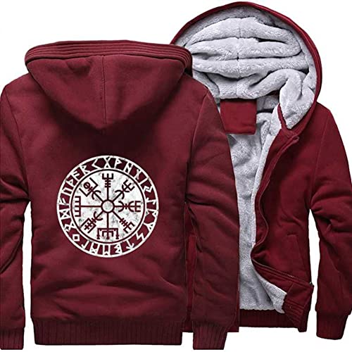 ZFSBRTL Nordic Herren Plüsch Pullover Zip Hoodie, Wikinger Drucken Vegvisir Rune Tattoo Totem Winter Warme Kleidung Streetwear Sweatshirt Kapuzenjacke Kostüm,C,5XL von ZFSBRTL