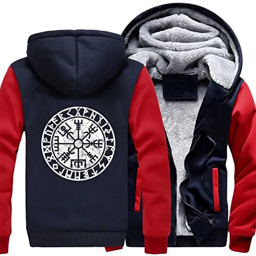 ZFSBRTL Nordic Herren Plüsch Pullover Zip Hoodie, Wikinger Drucken Vegvisir Rune Tattoo Totem Winter Warme Kleidung Streetwear Sweatshirt Kapuzenjacke Kostüm,F,XXL von ZFSBRTL