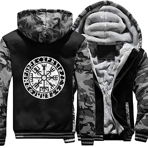 ZFSBRTL Nordic Herren Plüsch Pullover Zip Hoodie, Wikinger Drucken Vegvisir Rune Tattoo Totem Winter Warme Kleidung Streetwear Sweatshirt Kapuzenjacke Kostüm,H,6XL von ZFSBRTL