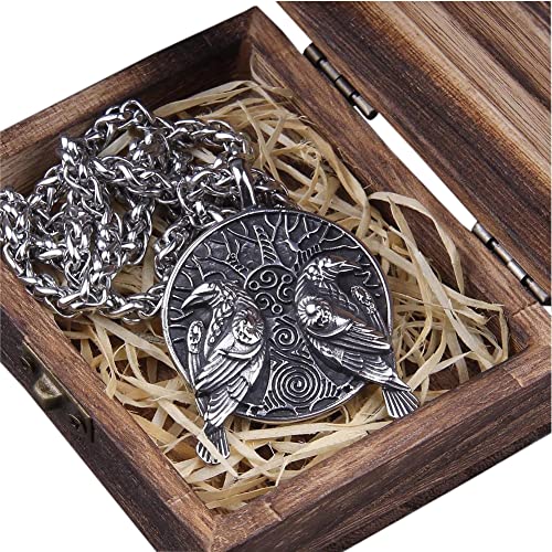 ZFSBRTL Wikinger Halskette Odin Raven Rabe Anhänger, Herren Silber Edelstahl Nordischen Mythologie Amulett Rune Keltischer Schmuck Geschenk 60Cm Kette mit Holzkiste von ZFSBRTL