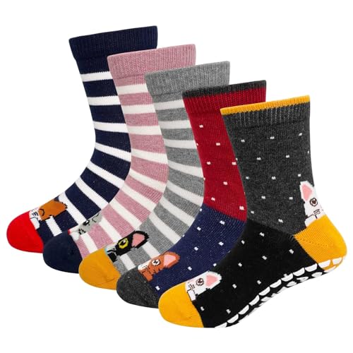 ZFSOCK Antirutschsocken Kinder ABS Haussocken: Stoppersocken Baumwolle Lustige Rutschfeste Bunte Tiermuster Knöchelsocken Socken Mädchen Strümpfe mit Noppen Größe 35-38, 11-14 Jahre Alt 5 Paare von ZFSOCK