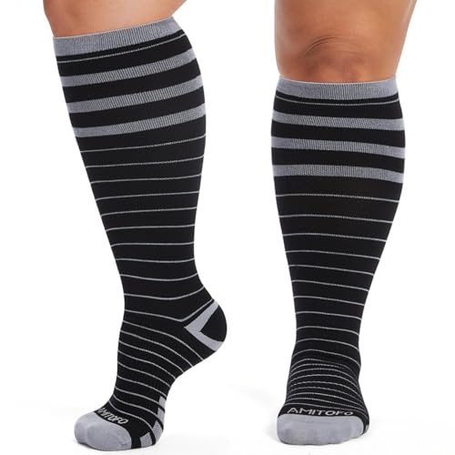 ZFSOCK Bambus Kompressionsstrümpfe Waden für Damen: Übergröße Dicke Stützstrümpfe Herren Weite Wade Thrombosestrümpfe Männer Frauen Kompressionssocken für Flug Reise Laufen Lehrer LXL Gestreift 1 Paar von ZFSOCK