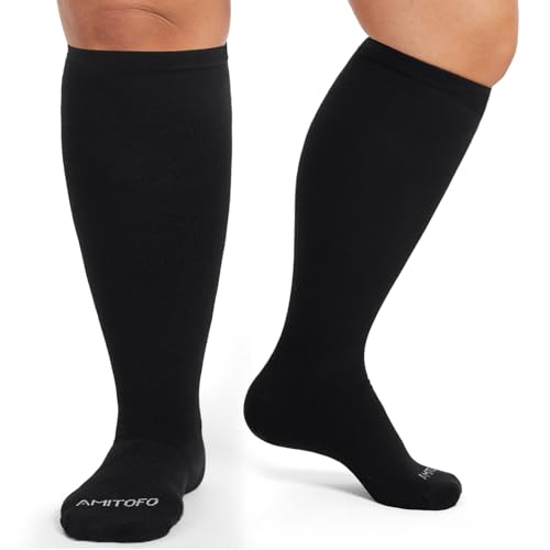 ZFSOCK Bambus Kompressionsstrümpfe Waden für Damen: Übergröße Dicke Stützstrümpfe Herren Weite Wade Thrombosestrümpfe Männer Frauen Kompressionssocken für Wandern Flug Reise Laufen 4XL Schwarz 1 Paar von ZFSOCK