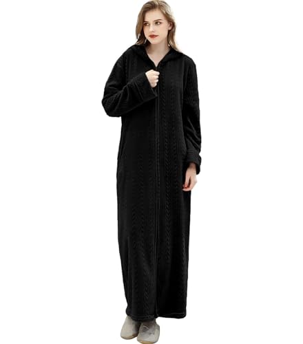 ZFSOCK Damen Morgenmantel Shaggy Extra Lang Flauschig mit Reissverschluss Kapuze Bademantel Plüsch Flanell Microfaser Fleece Winter Cozy Warm Weich Wadenlang Bodenlang Loungewear(Schwarz, S-M) von ZFSOCK