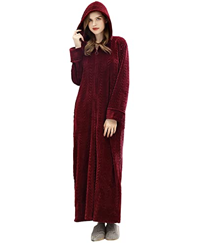ZFSOCK Damen Morgenmantel Shaggy Extra Lang Flauschig mit Reissverschluss Kapuze Bademantel Plüsch Flanell Microfaser Fleece Winter Cozy Warm Weich Wadenlang Bodenlang Weinrot Loungewear Bordeaux von ZFSOCK