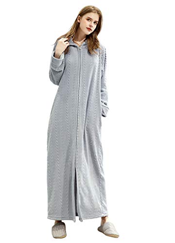ZFSOCK Damen Morgenmantel Shaggy Extra Lang Flauschig mit Reissverschluss Kapuze Bademantel Plüsch Flanell Microfaser Fleece Winter Cozy Warm Weich Wadenlang Bodenlang Weinrot Loungewear von ZFSOCK