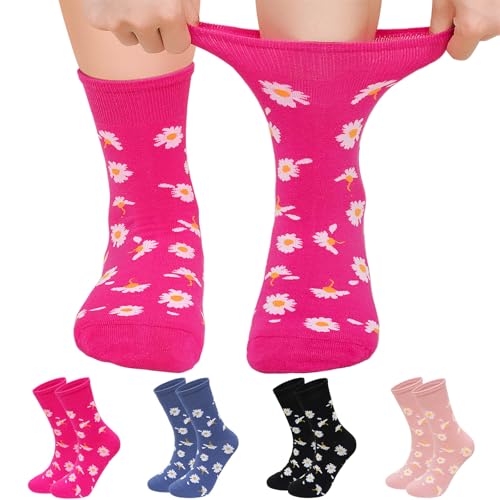 ZFSOCK Damen Socken Baumwolle Crew: Atmungsaktiv Baumwollsocken mit Komfortbund Ohne Naht Socken Ideal für Fruan Frauen Mädchen im Büro Schule und Freizeit, Gänseblümchenmuster 4 Paar 39-42 von ZFSOCK