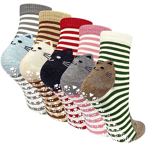 ZFSOCK Damen Stoppersocken Lustige Socken: Bunte Antirutschsocken Baumwolle Rutschfest ABS Socken mit Witzige Motiv Katzen Tier Muster Geschenkideen für Frauen Größe 35-42(5 Paare) von ZFSOCK