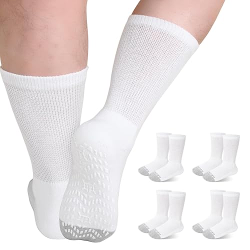 ZFSOCK Diabetiker Socken Herren Damen: ABS Stoppersocken Griffen Diabetikersocken Ohne Gummibund Rutschfeste Noppen Extra Weite Antirutschsocken Plüschsohle Ohne Gummi Komfortbund 39-42 Weiß 4 Paar von ZFSOCK