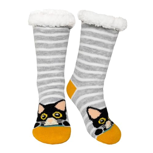 ZFSOCK Hüttensocken Damen Abs Socken Kuschelsocken Mit Noppen Stoppersocken Warme Gefüttert Winter Hausschuhe Socken Dicke Haussocken Plüsch Anti-rutsch Sohle Socken Gelbe Katze 1 Paar EU 35-41 von ZFSOCK