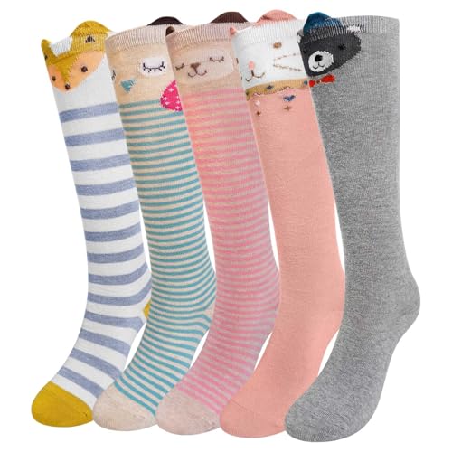 ZFSOCK Kinder Socken Mädchen Kniestrümpfe: Overknees Lange Strümpfe Kindersocken Baumwolle mit Lustigen Gestreiften Tiermotiven - Bunte Ohne Naht Kniesocken Geschenk 5 Paar Größe 35-38 Fuchs von ZFSOCK