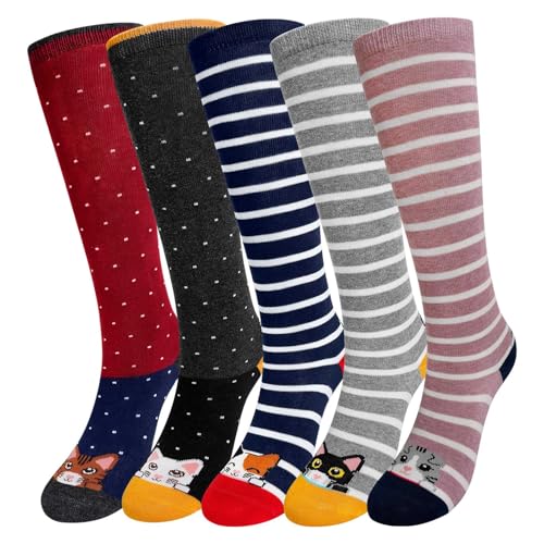 ZFSOCK Kinder Socken Mädchen Kniestrümpfe: Overknees Lange Strümpfe Kindersocken Baumwolle mit Lustigen Gestreiften Tiermotiven - Bunte Ohne Naht Kniesocken Geschenk 5 Paar Größe 35-38 Katze von ZFSOCK