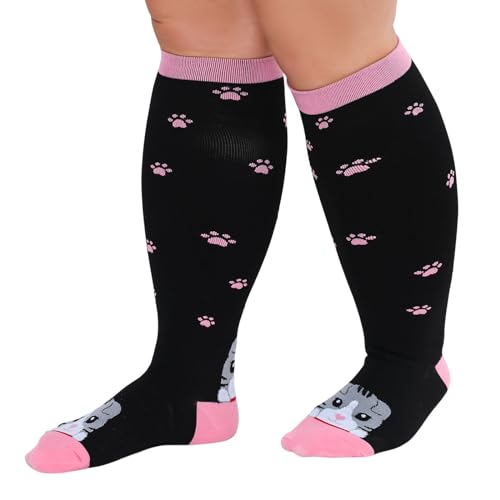 ZFSOCK Kompressionsstrümpfe Dicke Waden Herren: Stützstrümpfe Damen Medizinisch Kompressionssocken 20-30mmhg Übergröße Männer Frauen Reisestrümpfe 5XL Katze Rosa 1 Paar von ZFSOCK