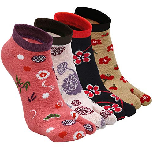 ZFSOCK Damen Tabi Flip Flop Zehensocken Baumwolle Geta Socken Kurze Zwei-Zehen-Socken Japanischer Stil Bunt Lustig Sakura-Muster, 4 Paar Sakura A, 35-41 von ZFSOCK